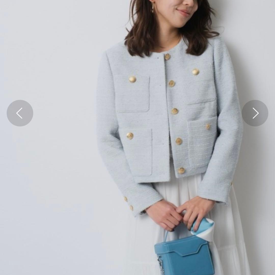 極美品 JUSGLITTY カラーツイードジャコット ノーカラー 金ボタン