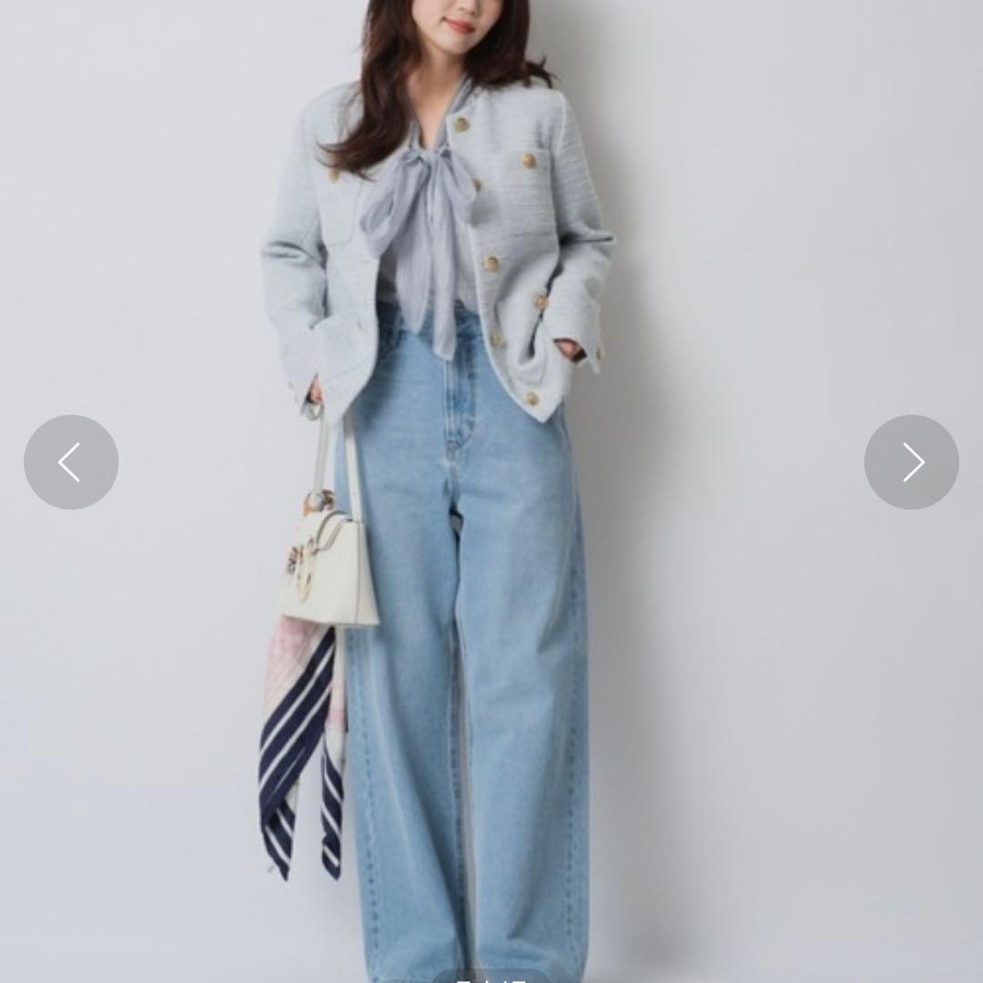 極美品 JUSGLITTY カラーツイードジャコット ノーカラー 金ボタン