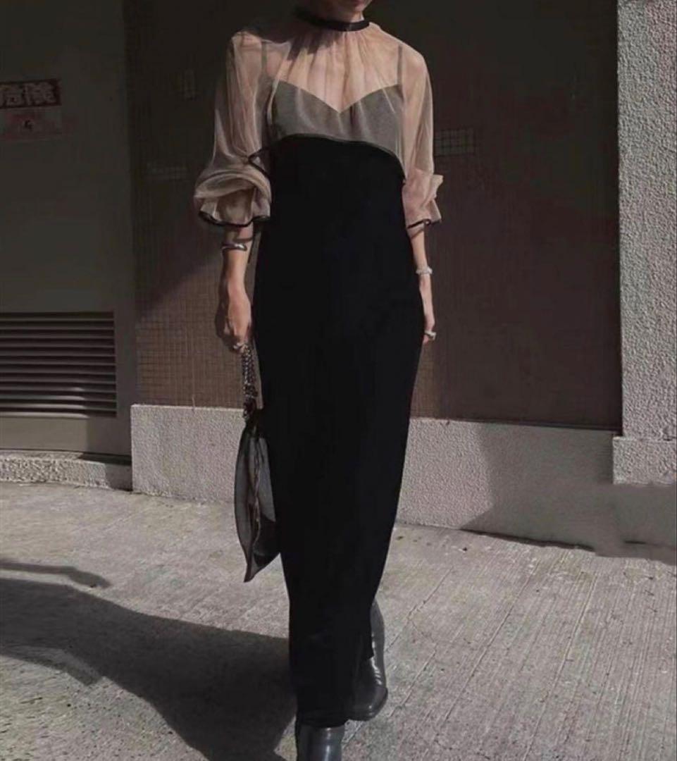 AMERI VINTAGE 美品ベロアドレス ブラック/ベージュ