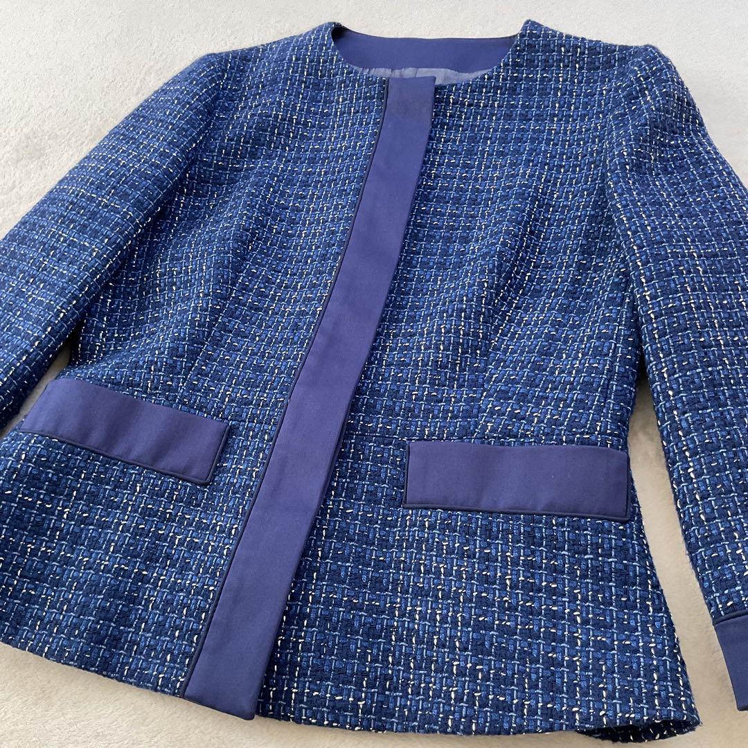 【美品】Max Mara ノーカラー ツィード ジャケット 白タグ シルク М