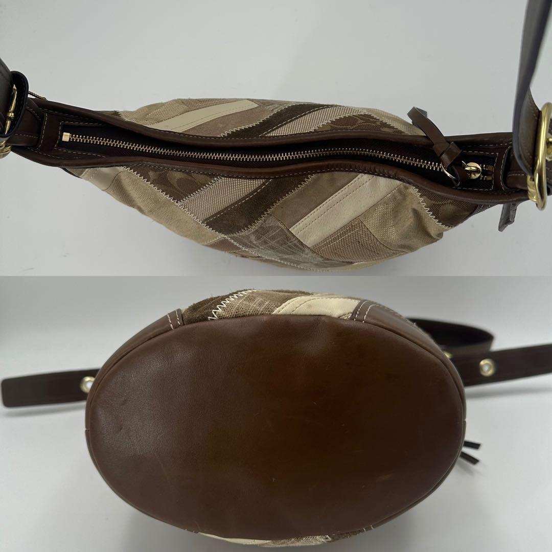 コーチ　パッチワーク　ショルダーバッグ　バケツ型　シグネチャー　ベージュ