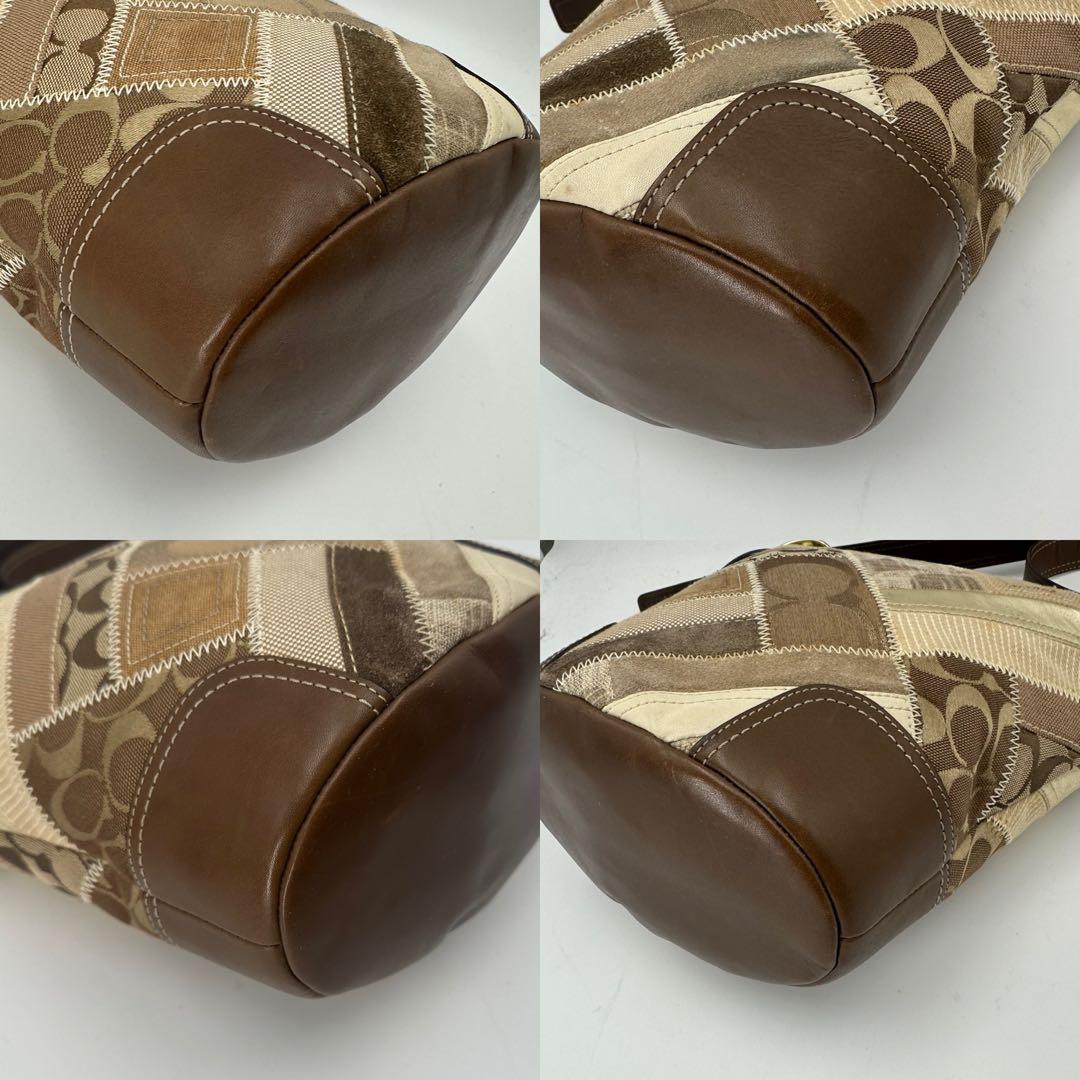 コーチ　パッチワーク　ショルダーバッグ　バケツ型　シグネチャー　ベージュ