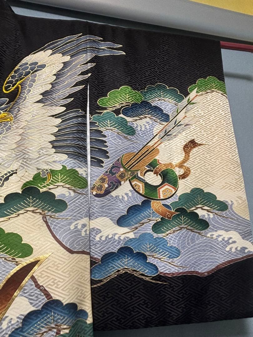 正絹　お宮参り.七五三　黒地 松に鷹兜