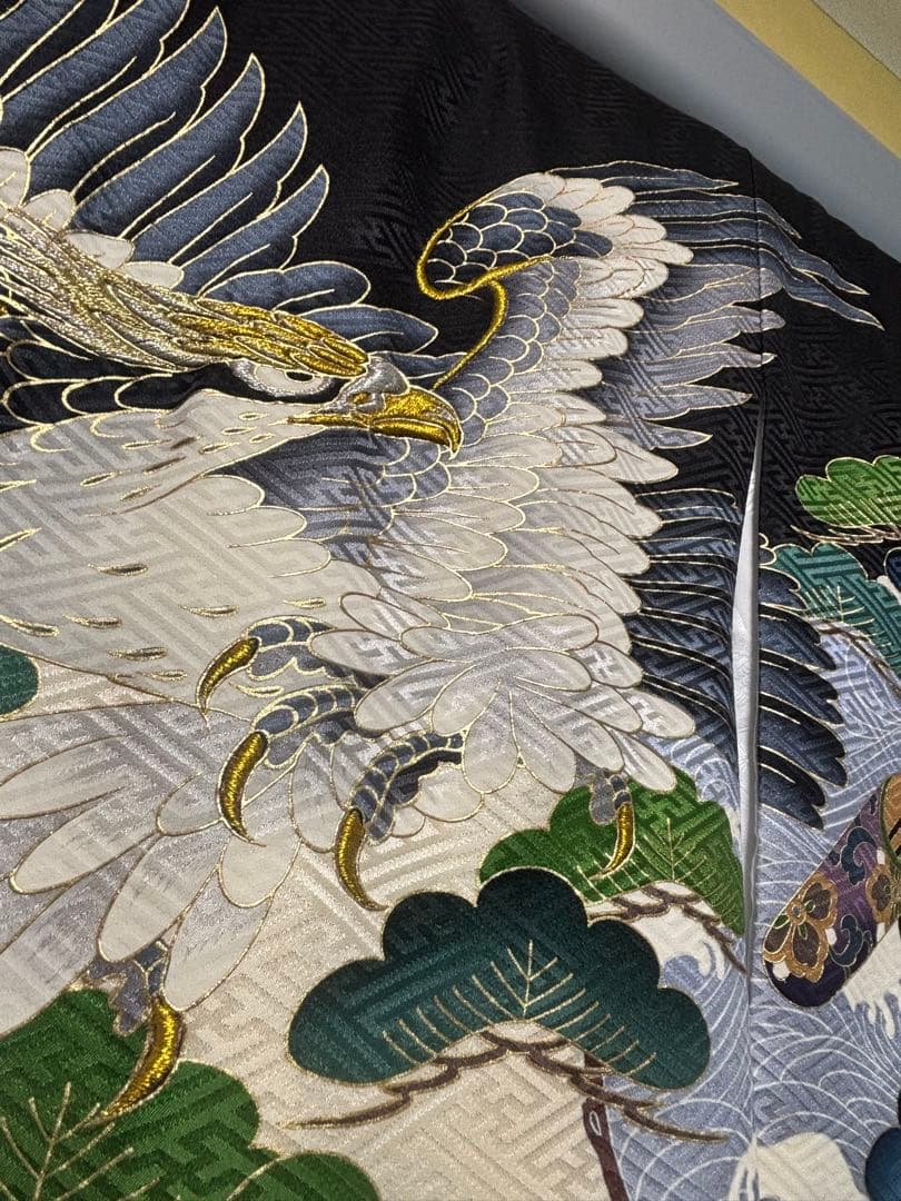 正絹　お宮参り.七五三　黒地 松に鷹兜