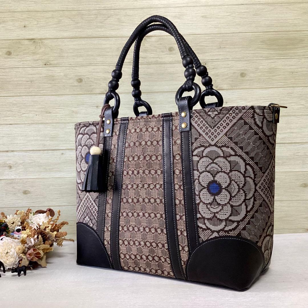 龍郷 大島紬 ×本革 着物リメイク トートバッグ 和装バッグ ハンドメイド Ａ4