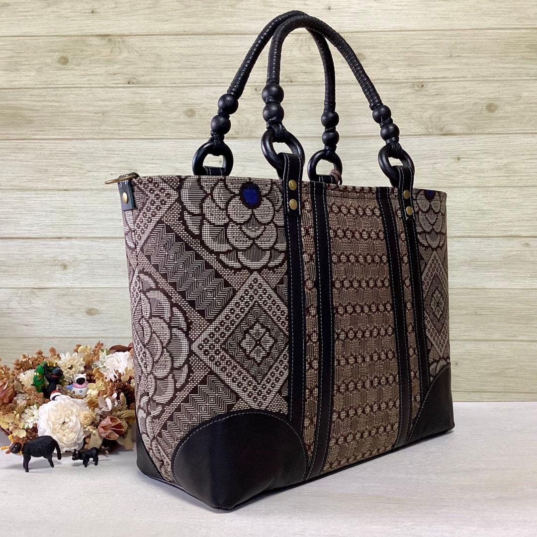 龍郷 大島紬 ×本革 着物リメイク トートバッグ 和装バッグ ハンドメイド Ａ4