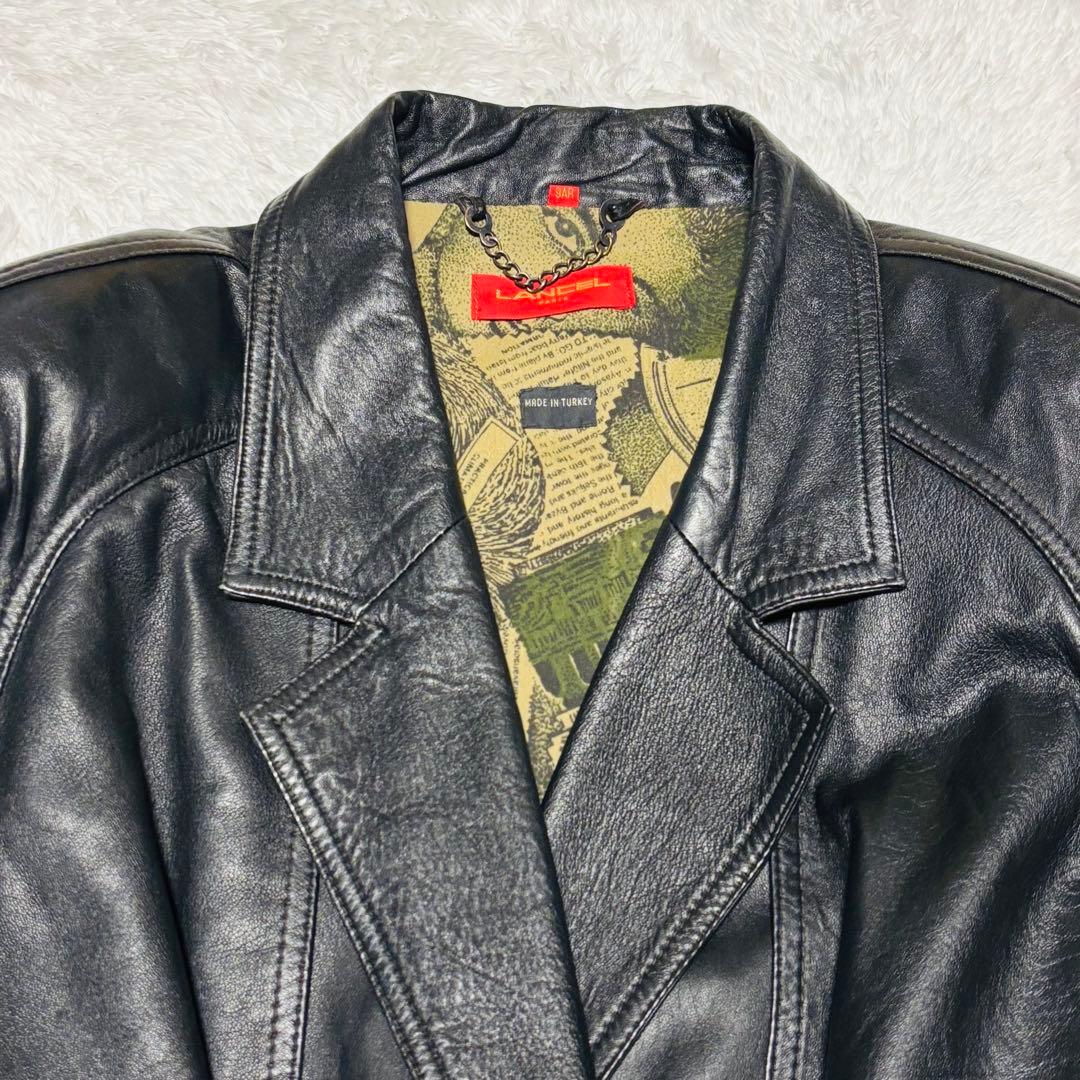 希少 LANCEL トレンチコート ラムレザー 羊革 ブラック 本革 総柄 M