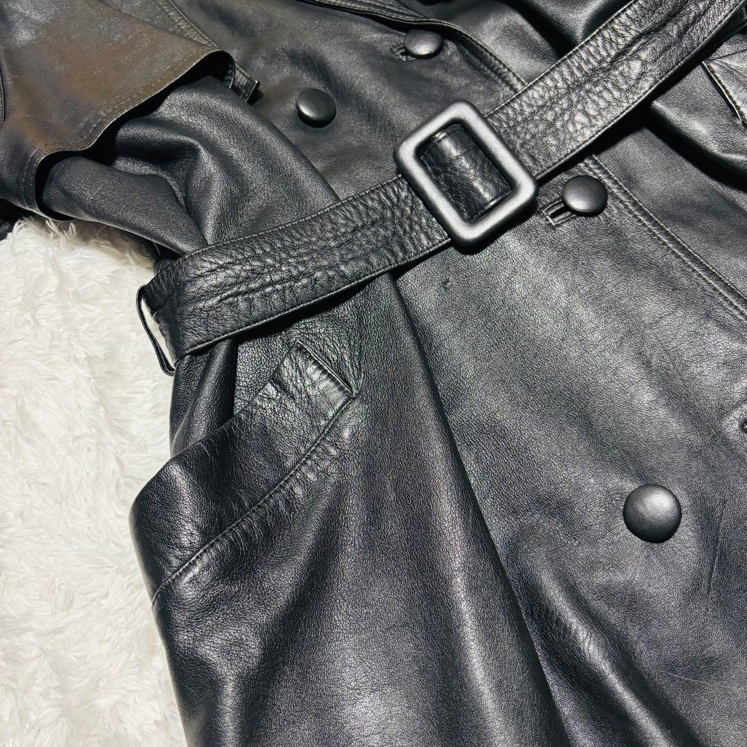 希少 LANCEL トレンチコート ラムレザー 羊革 ブラック 本革 総柄 M