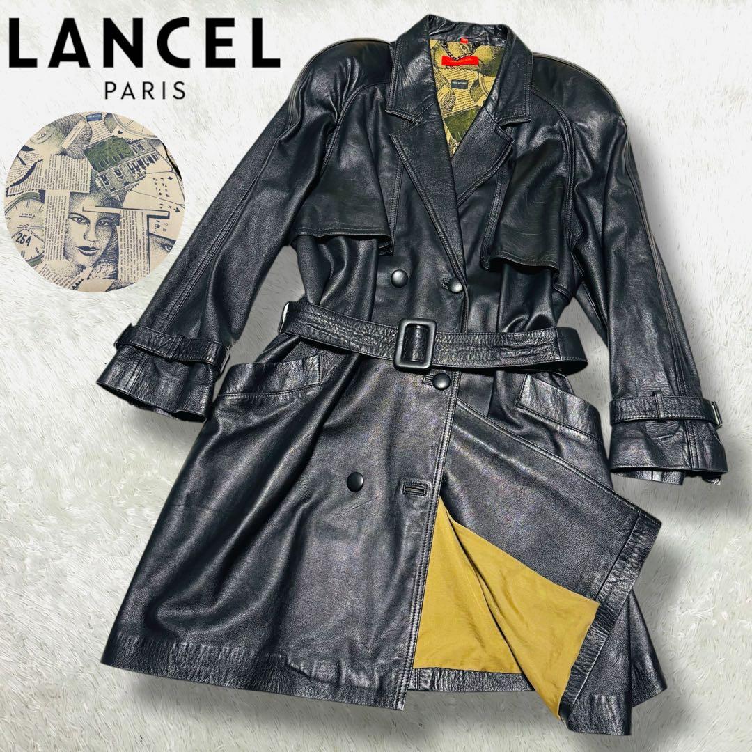 希少 LANCEL トレンチコート ラムレザー 羊革 ブラック 本革 総柄 M