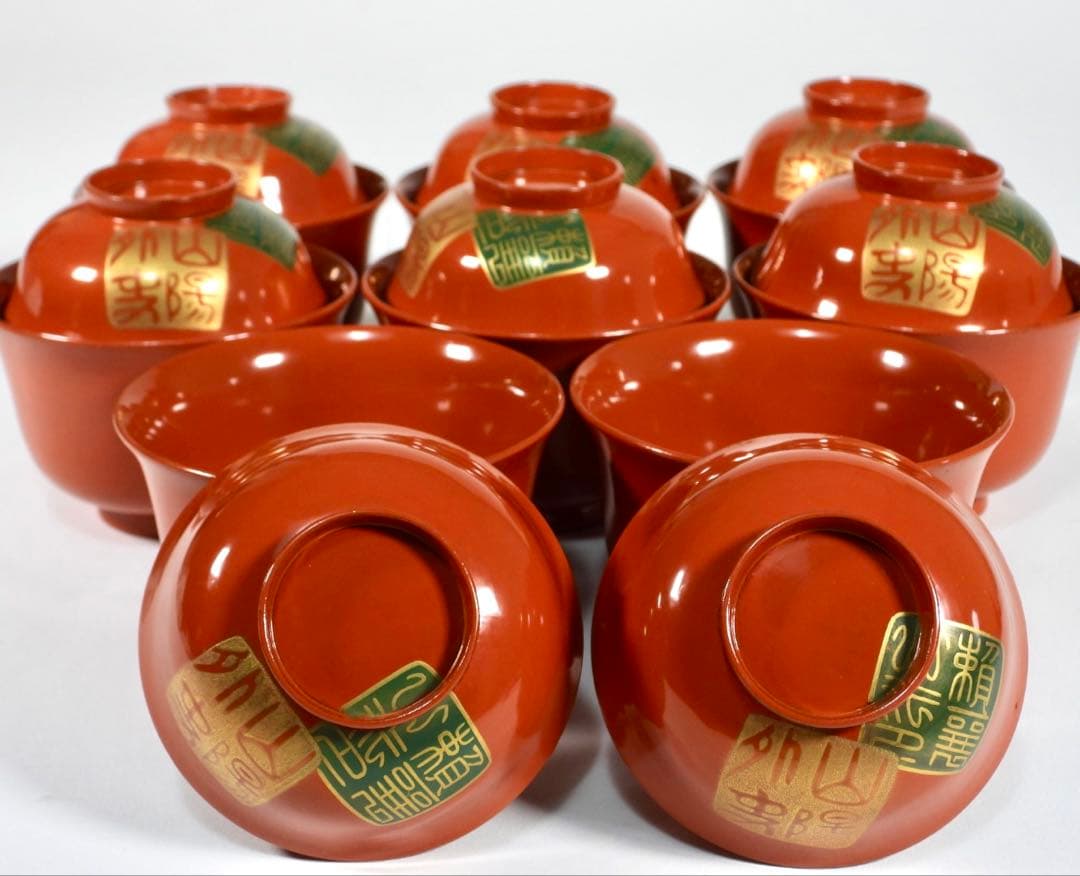 金蒔絵 木製 繪津塗 漆器 印章付吸物碗 汁椀 蓋碗 8客セット