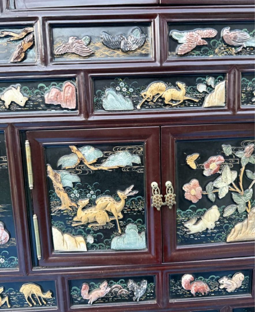 木製箪笥 時代 韓国伝統工芸 黒漆塗 螺鈿 宝石 箪笥 アンティーク　棚