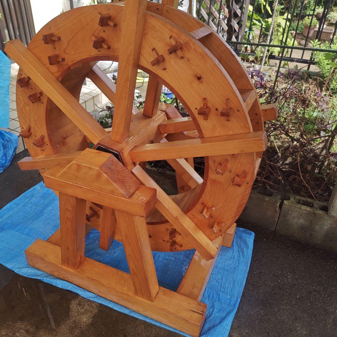 手作り 木製水車 庭園 和風 オブジェ 置物 完動品　90㌢