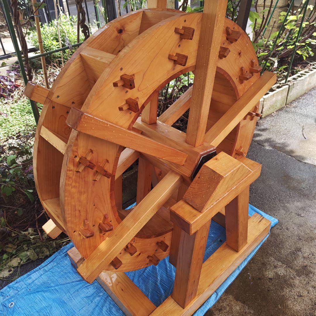 手作り 木製水車 庭園 和風 オブジェ 置物 完動品　90㌢