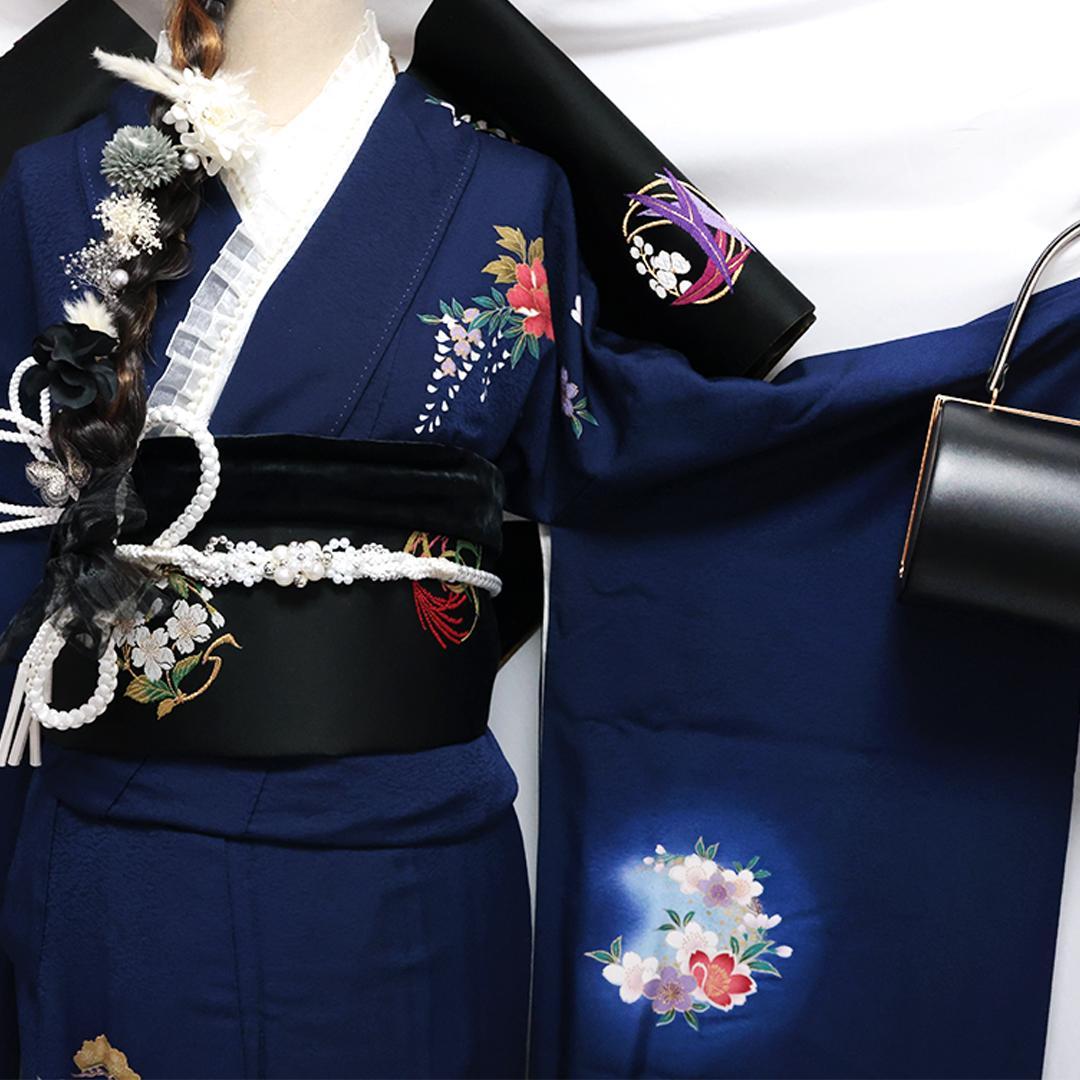 ◆ 振袖6点セット ◆丈169cmフルセット紺色成人式正絹前撮り卒業式40Am