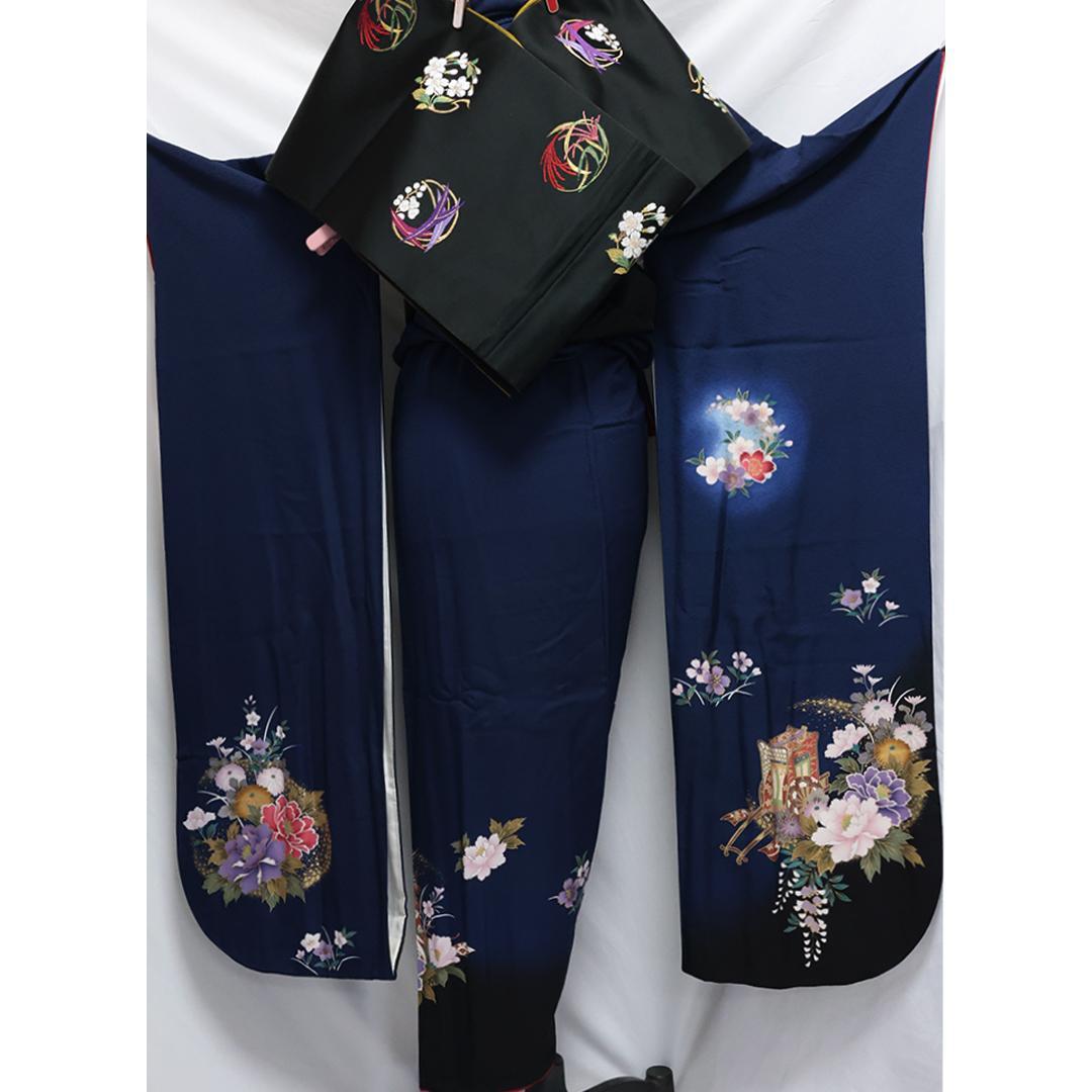 ◆ 振袖6点セット ◆丈169cmフルセット紺色成人式正絹前撮り卒業式40Am