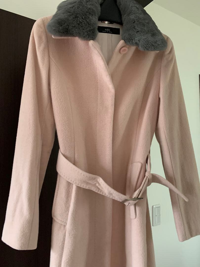 【美品】INED カシミア アンゴラ ファー襟付きピンクロングコート 11