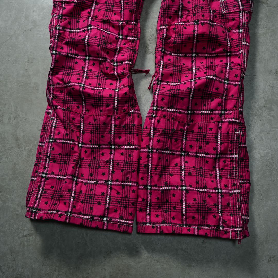 y2k フレア 平成 ショッキングピンク チェック柄 ナイロンカーゴパンツ