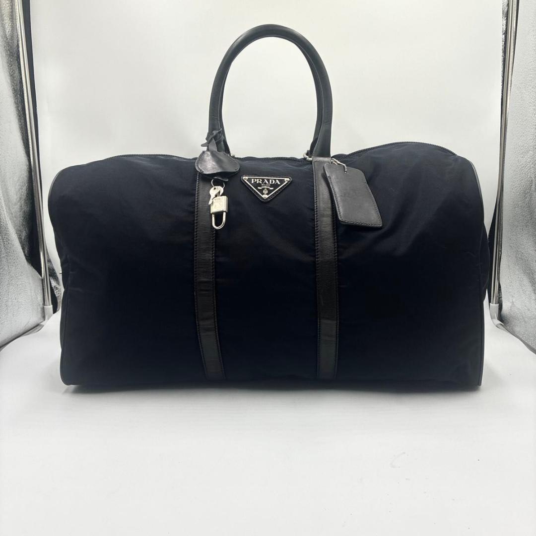 美品 プラダ ボストンバッグ ナイロン サフィアーノ 白タグ 大容量 ブラック