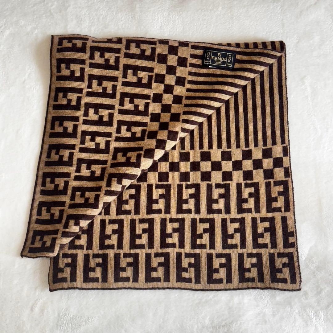 FENDI フェンディ ズッカ柄 ウール×シルク マフラー ブラウン×ブラック