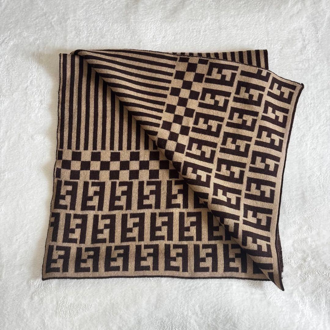 FENDI フェンディ ズッカ柄 ウール×シルク マフラー ブラウン×ブラック