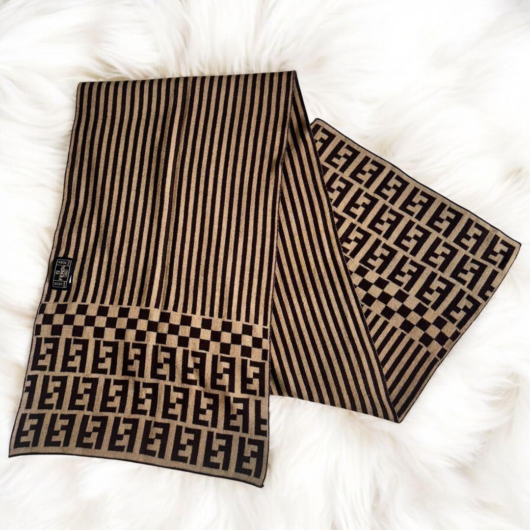 FENDI フェンディ ズッカ柄 ウール×シルク マフラー ブラウン×ブラック