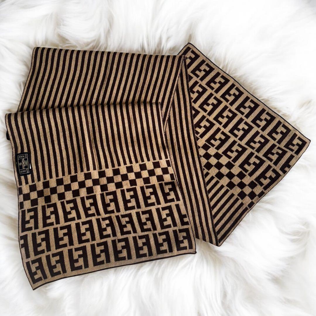 FENDI フェンディ ズッカ柄 ウール×シルク マフラー ブラウン×ブラック