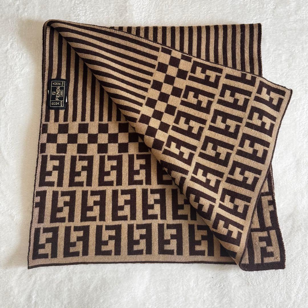 FENDI フェンディ ズッカ柄 ウール×シルク マフラー ブラウン×ブラック