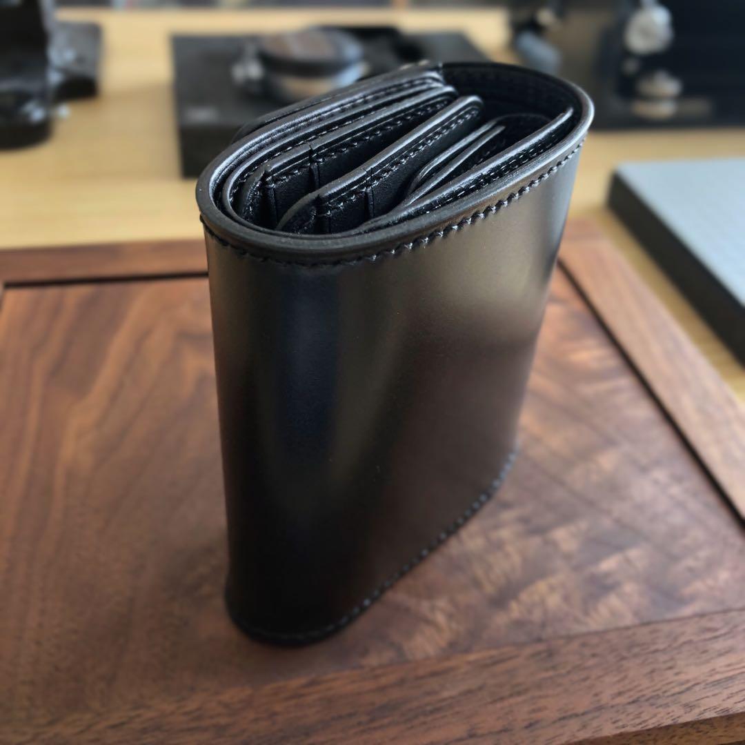 新喜皮革コードバン×サドルレザー 三つ折りミニウォレット 総手縫い ブラック