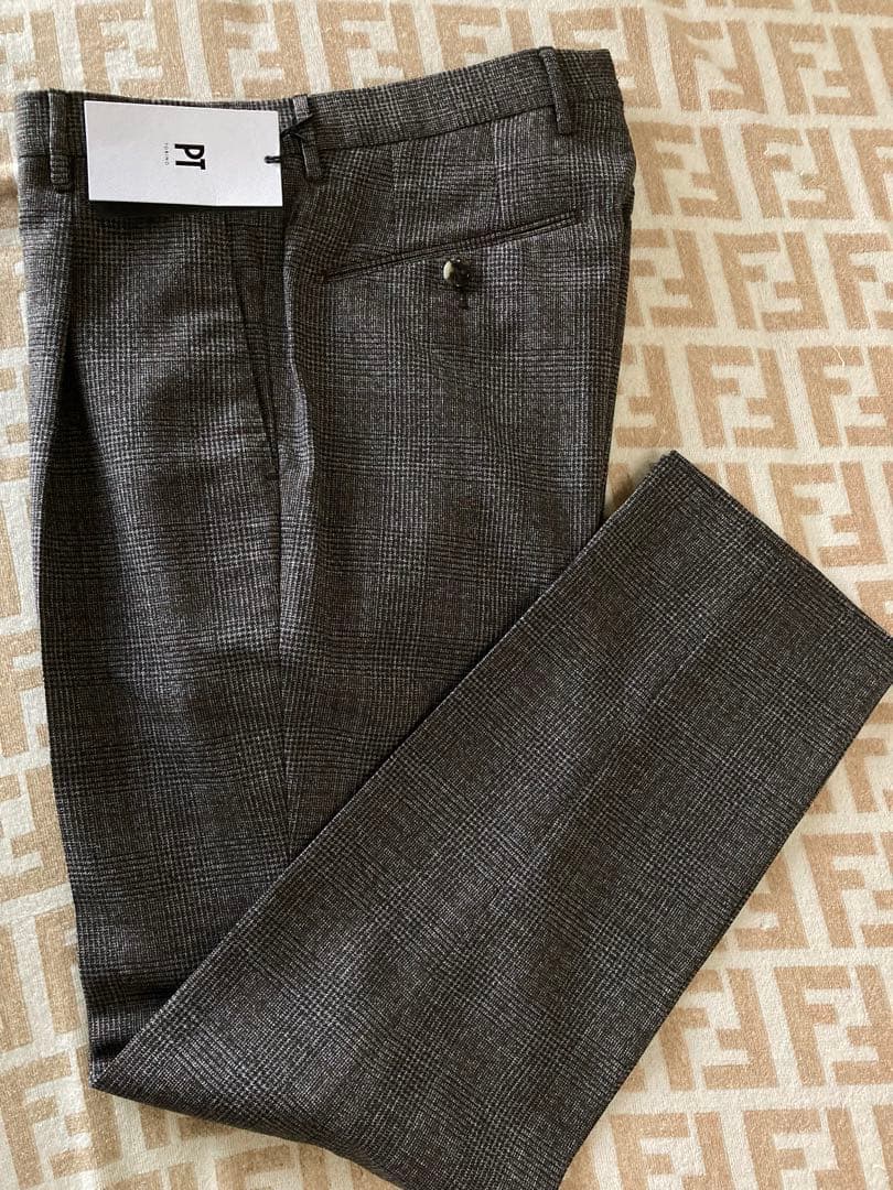 新品未使用　PT グレンチェック ワンタック スーパー100’s 上質ウール