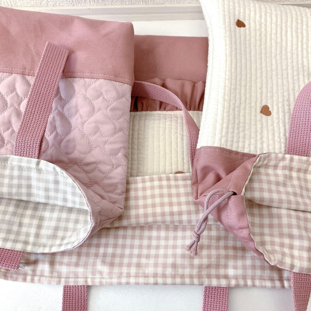 レッスンバッグ 上履き入れ　体操服袋　ヌビ　ハート刺繍　ハートキルト