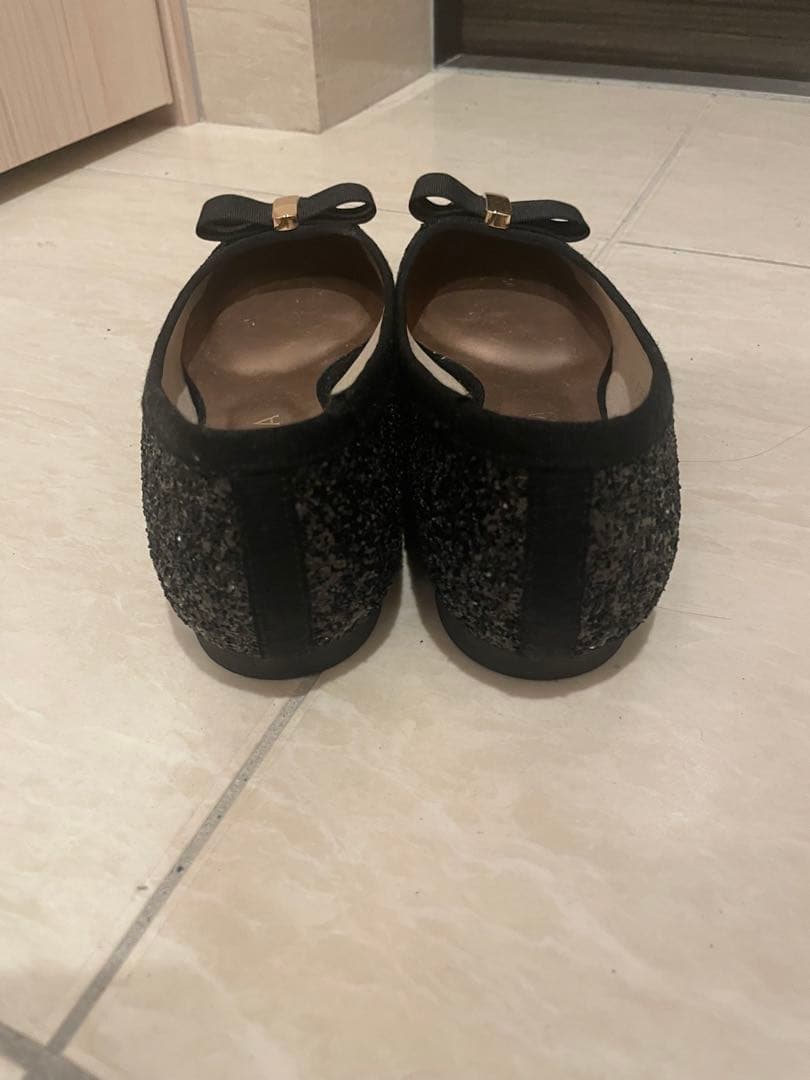 【美品】リボン付き黒フラット/DIANA/ダイアナ/KW41358/24.5