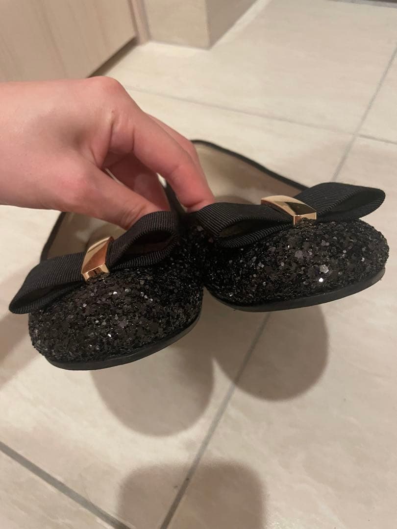 【美品】リボン付き黒フラット/DIANA/ダイアナ/KW41358/24.5