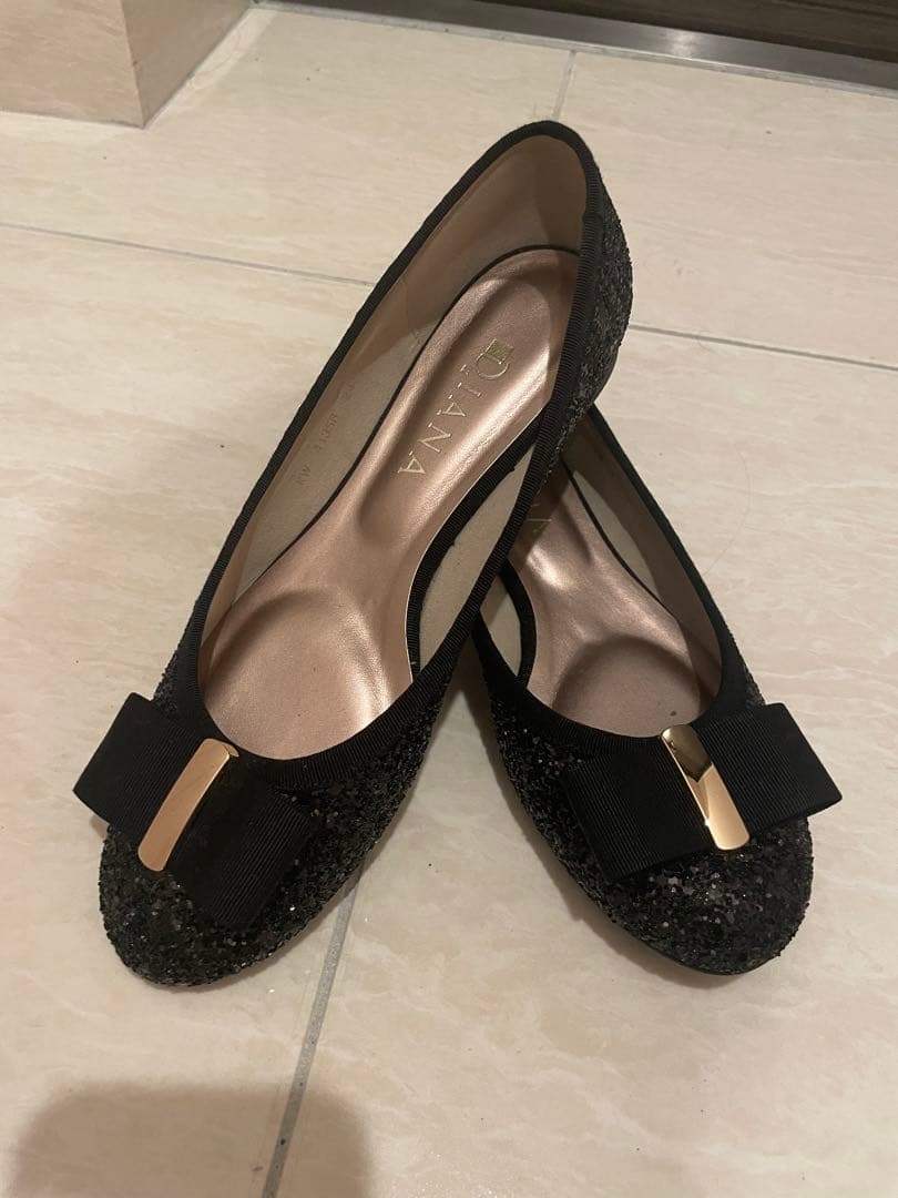 【美品】リボン付き黒フラット/DIANA/ダイアナ/KW41358/24.5