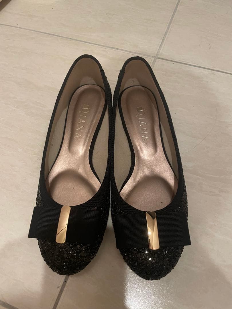 【美品】リボン付き黒フラット/DIANA/ダイアナ/KW41358/24.5