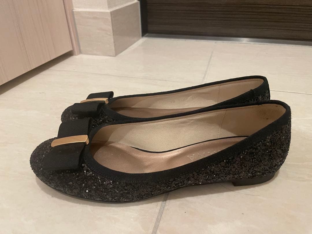 【美品】リボン付き黒フラット/DIANA/ダイアナ/KW41358/24.5