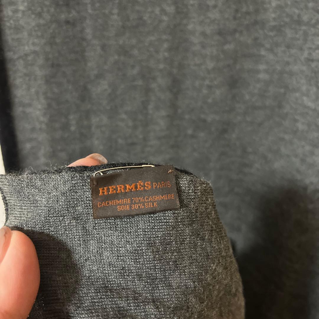 HERMES カシミヤシルク ロングマフラー グレー　エルメス