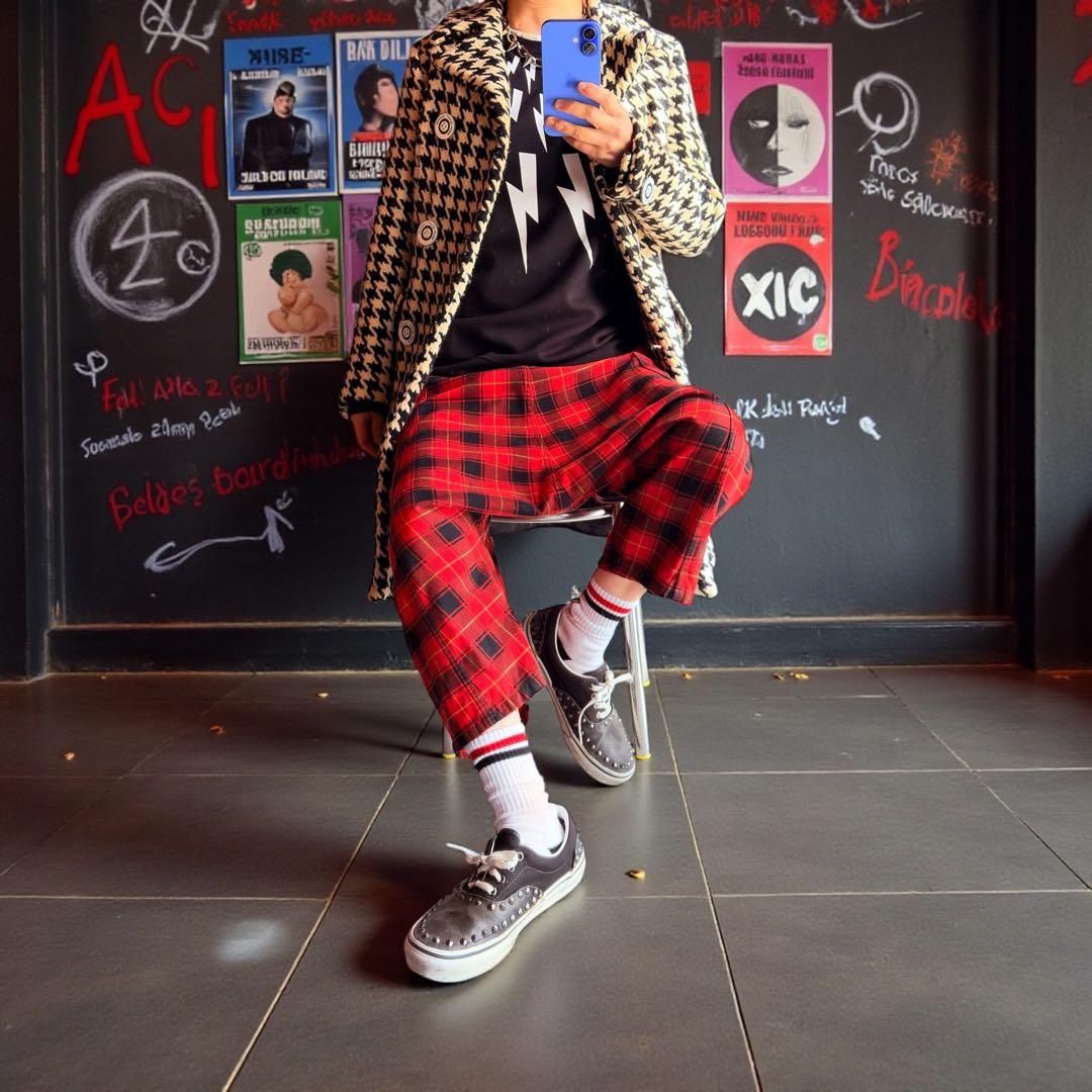 トリココムデギャルソン　赤黒タータンチェック　サルエルパンツ