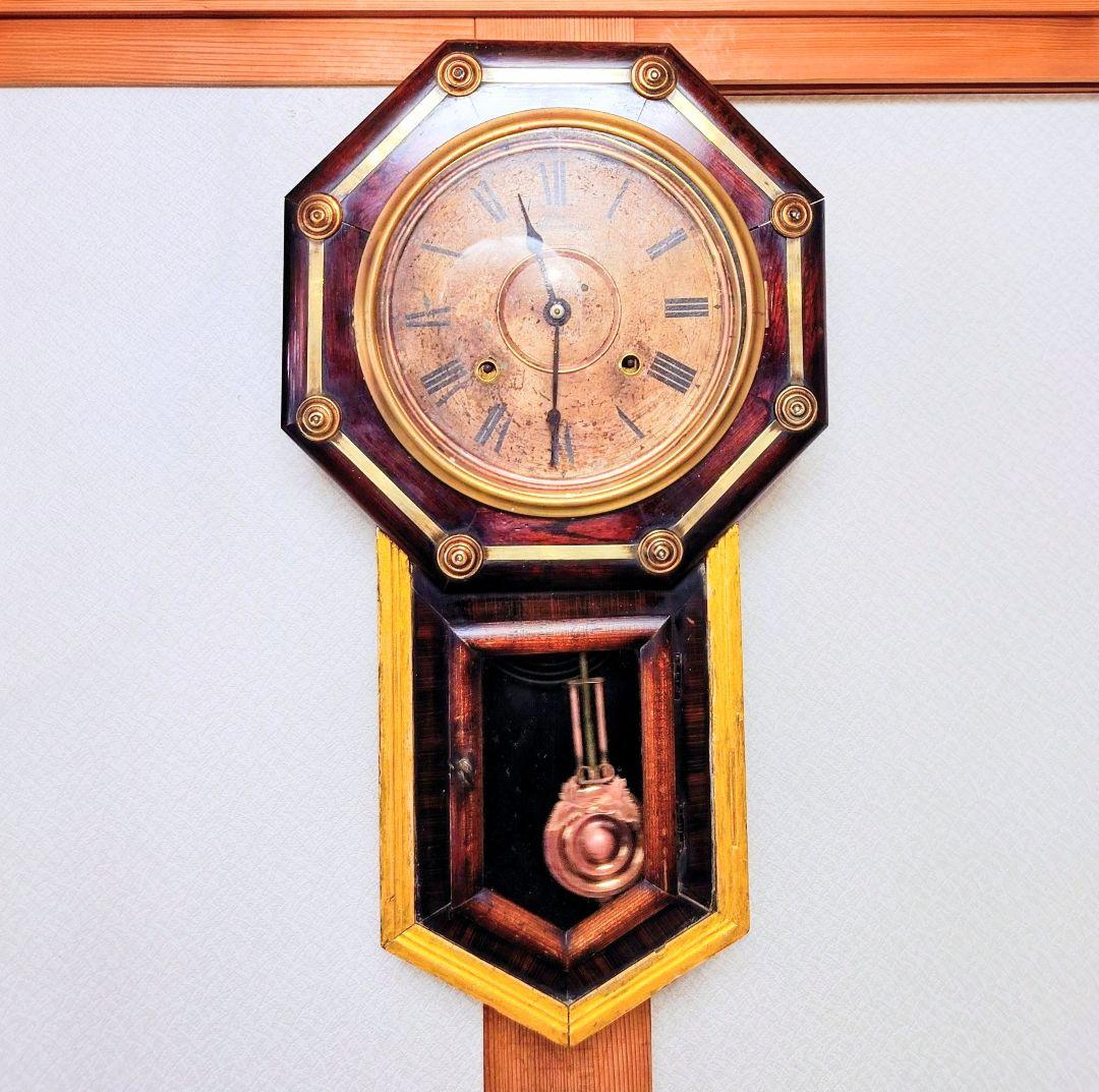 〈完動・美品〉北出時計　鋲打八角尾長ゼンマイ振り子時計　アンティーク古時計