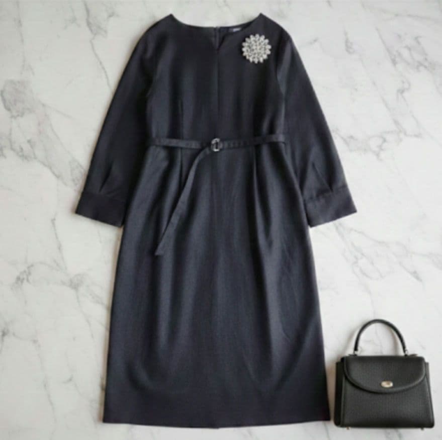 アンタイトル　ウール混キーネックワンピース　スリットネック　XL　2L　濃紺