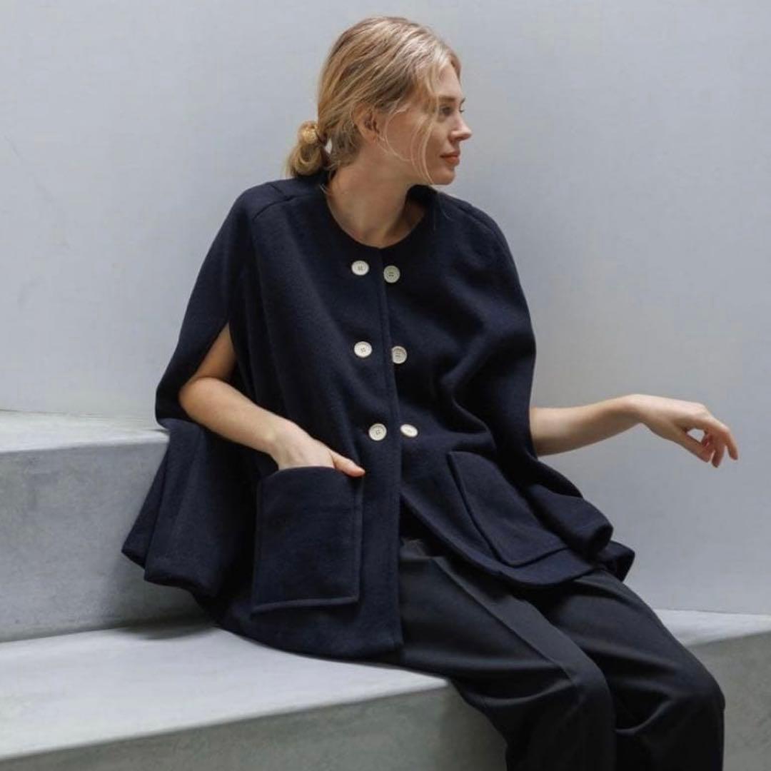 新品タグ付　cen. セン　ウールライクポンチョコート ネイビー　リバー