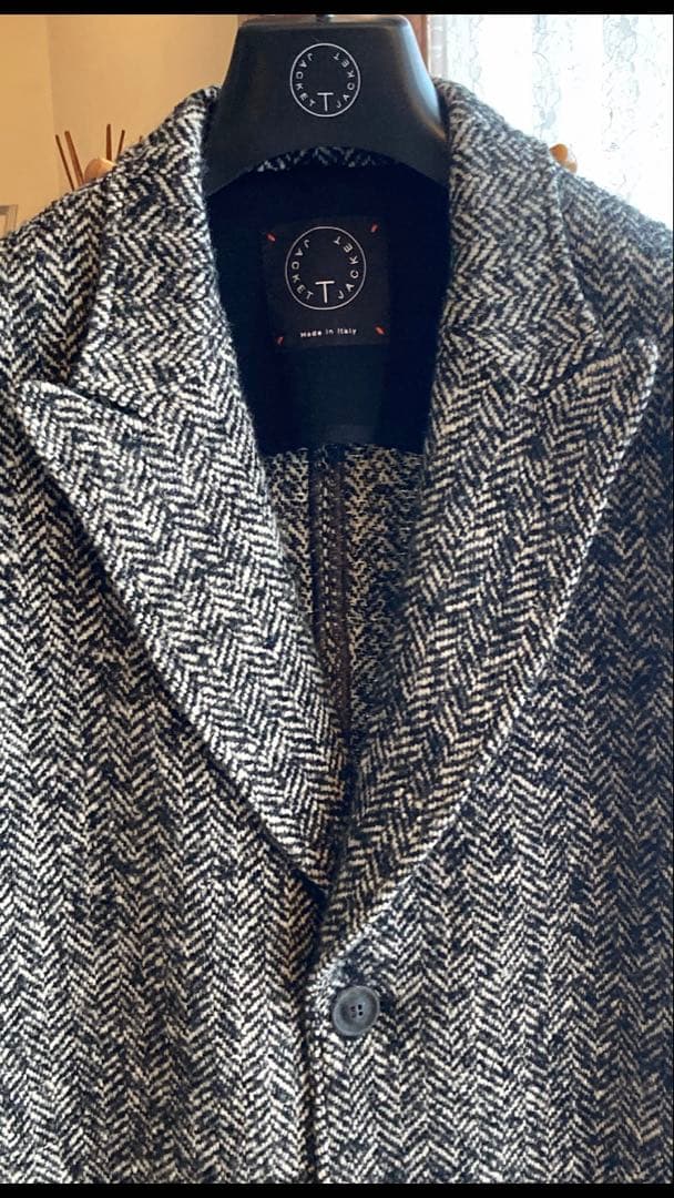 T-JACKET 新品未使用チェスターコートタグ付 毛ヘリンボーン黒白メランジ織