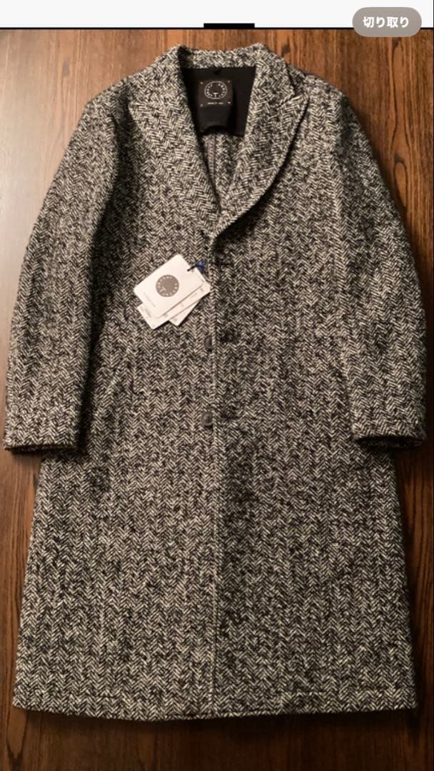 T-JACKET 新品未使用チェスターコートタグ付 毛ヘリンボーン黒白メランジ織