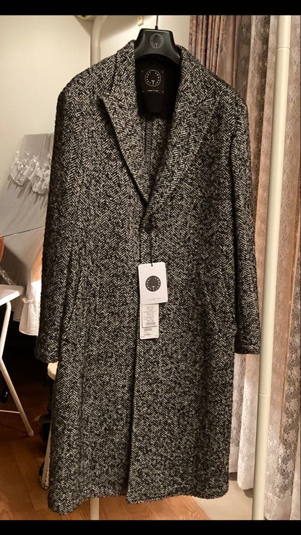 T-JACKET 新品未使用チェスターコートタグ付 毛ヘリンボーン黒白メランジ織