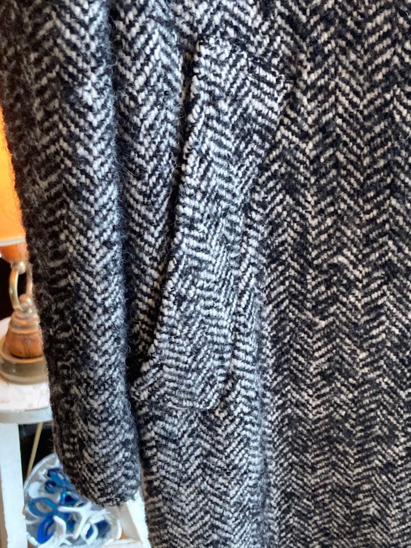 T-JACKET 新品未使用チェスターコートタグ付 毛ヘリンボーン黒白メランジ織