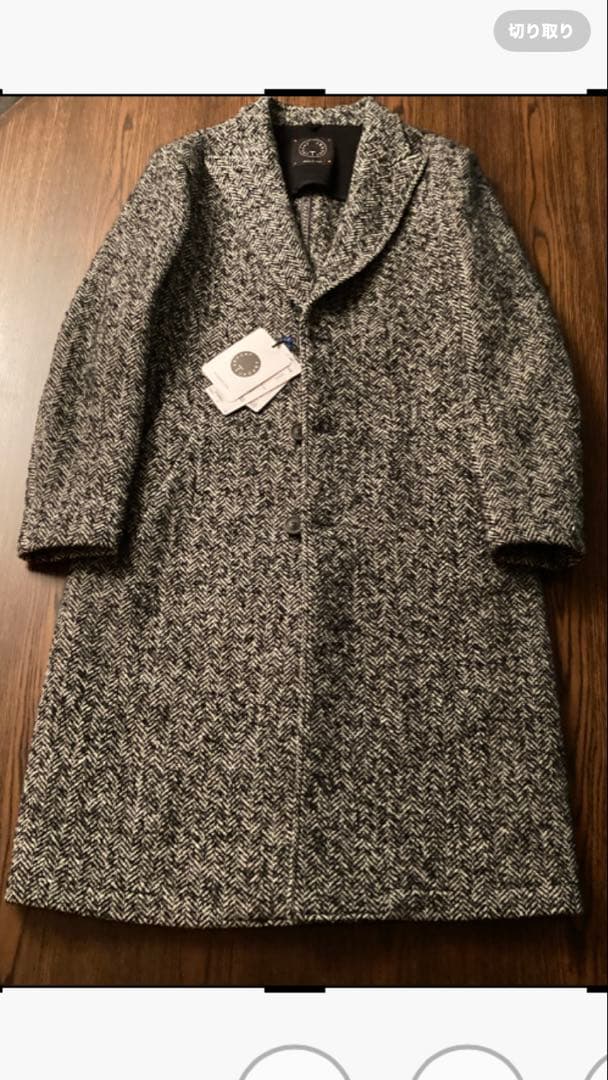 T-JACKET 新品未使用チェスターコートタグ付 毛ヘリンボーン黒白メランジ織