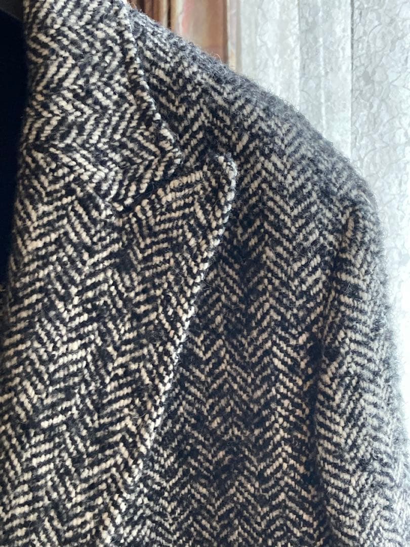 T-JACKET 新品未使用チェスターコートタグ付 毛ヘリンボーン黒白メランジ織