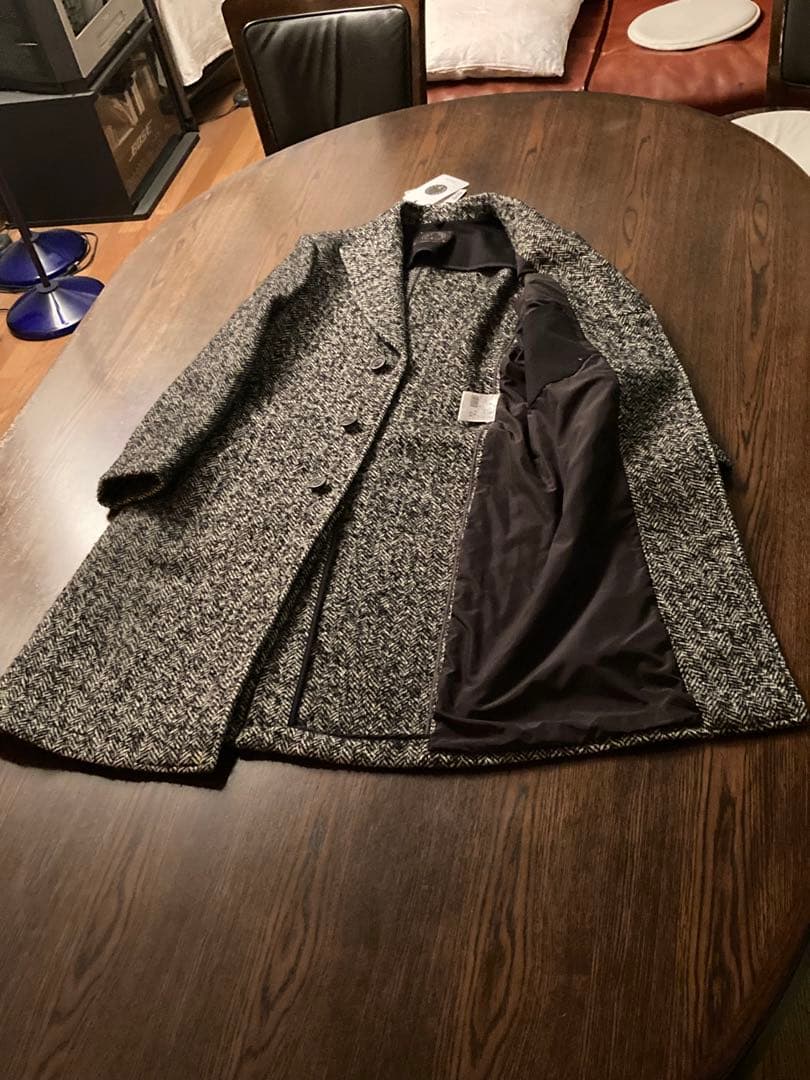 T-JACKET 新品未使用チェスターコートタグ付 毛ヘリンボーン黒白メランジ織