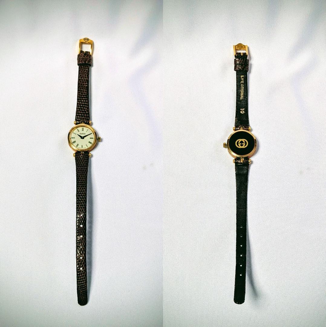 良品 GUCCIグッチ レディース腕時計ベージュ サイドシェリーライン イタリア