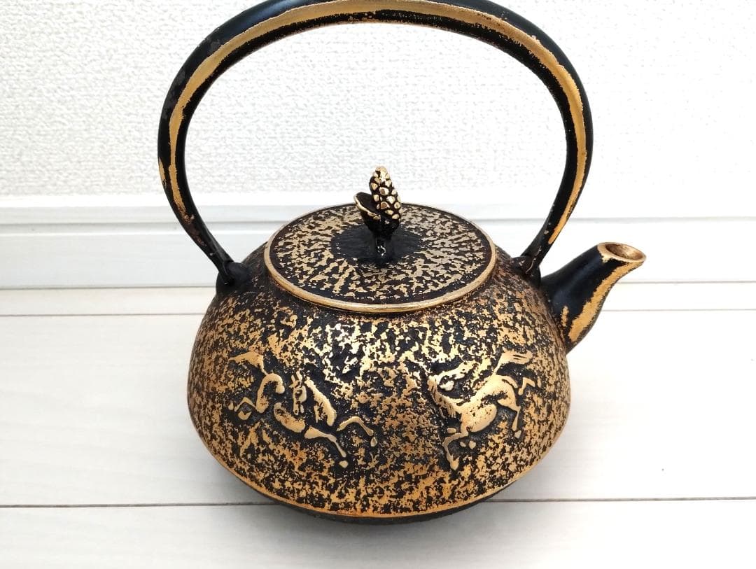 【ミカン】　南部鉄器 鉄瓶　美濃華林作 南部岩鋳 純金着