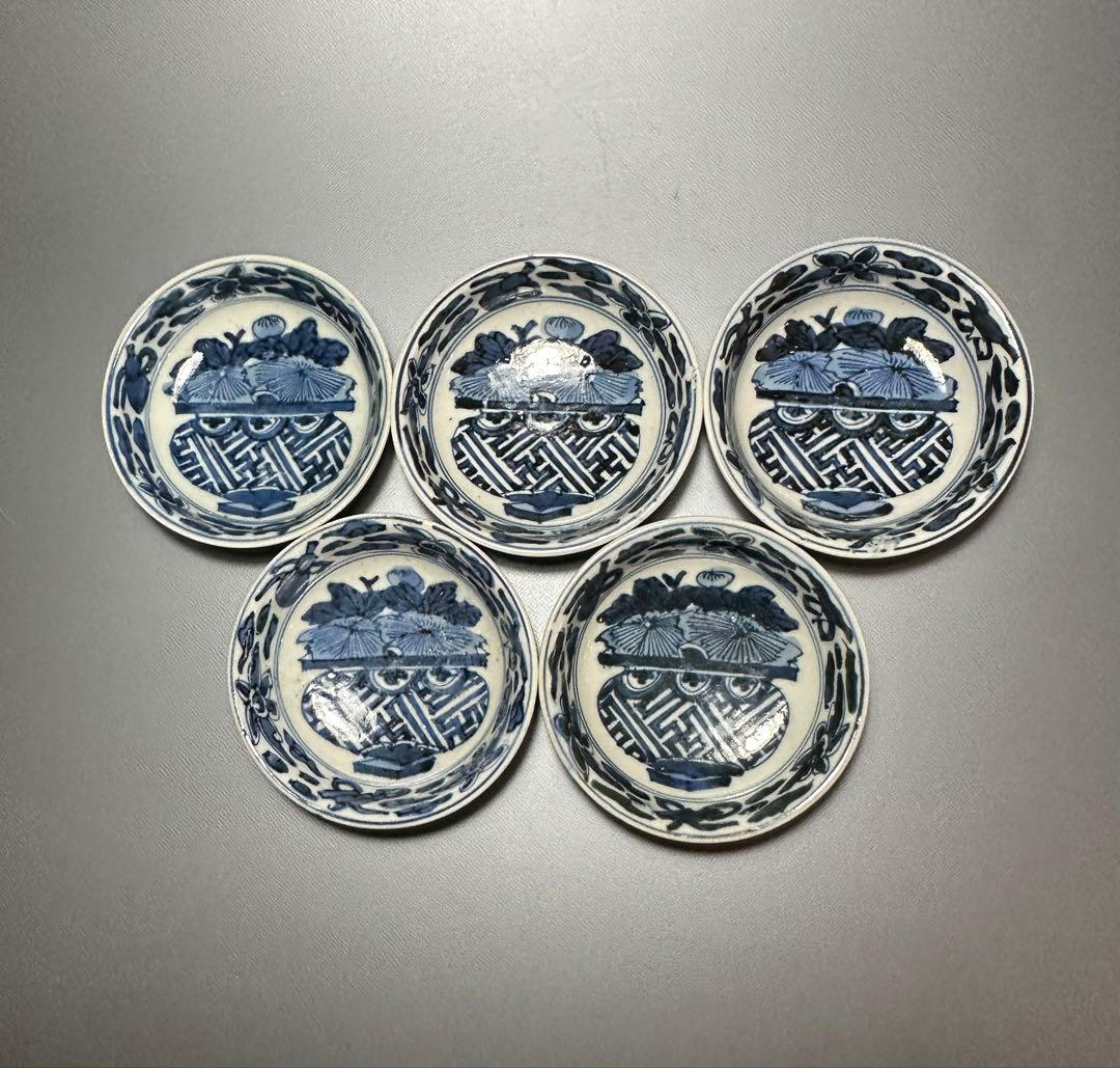 古伊万里　花籠紋様　小皿　豆皿　5枚セット　染付
